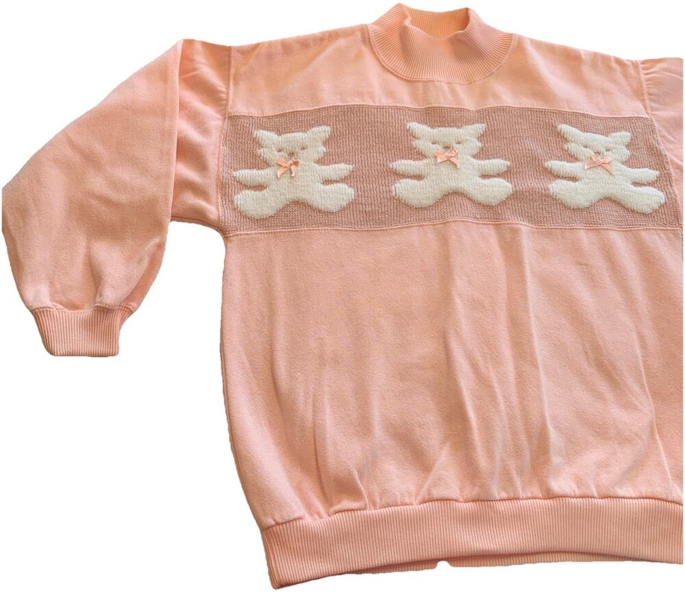 VTG 80s Pink Mock Turtle Neck Sweatshirt White Fuzzy Bears Bows Size S